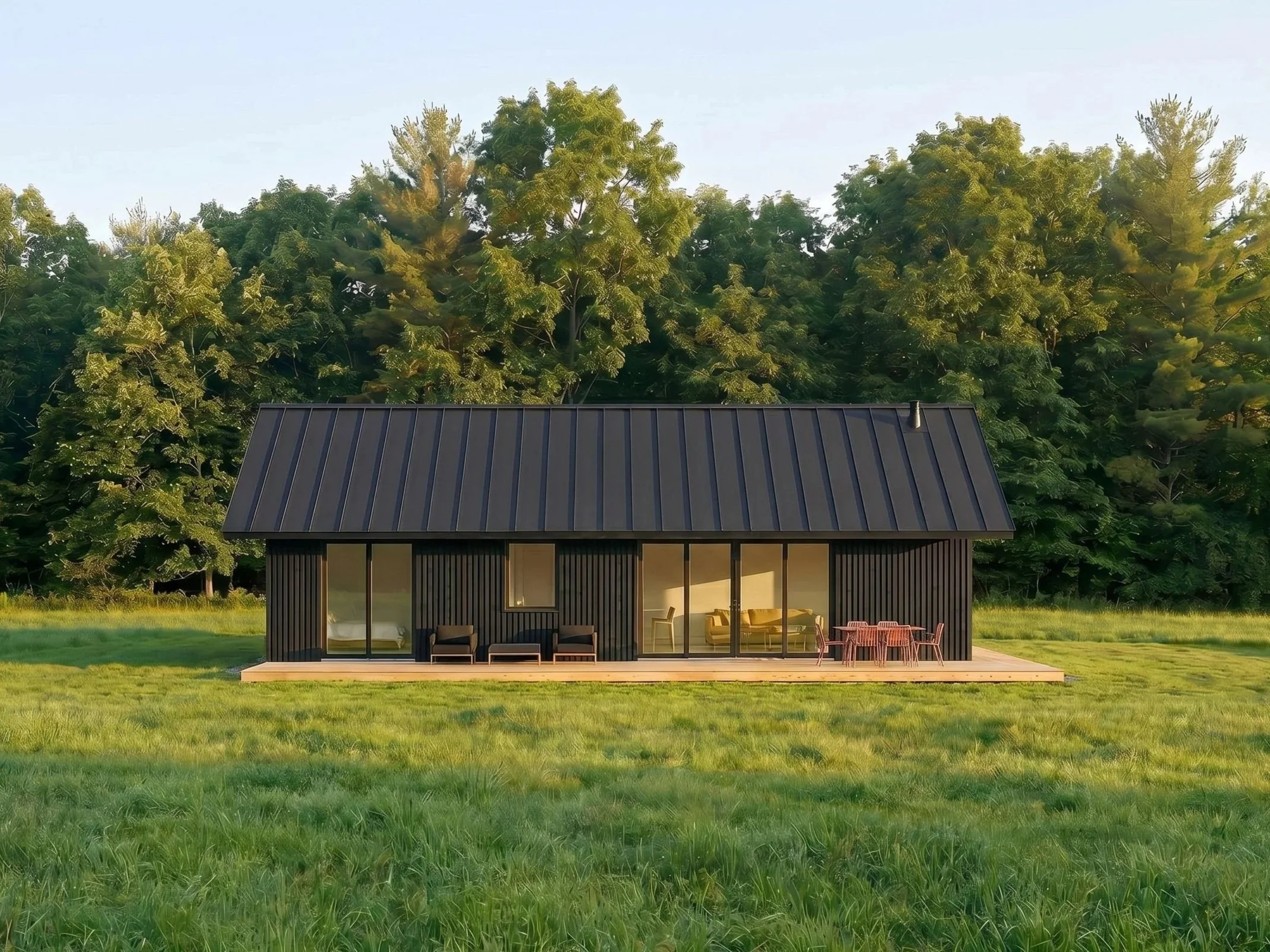 Modern black house with large glass sliding doors, outdoor seating, and a metal roof, surrounded by lush green grass and dense trees in the background.