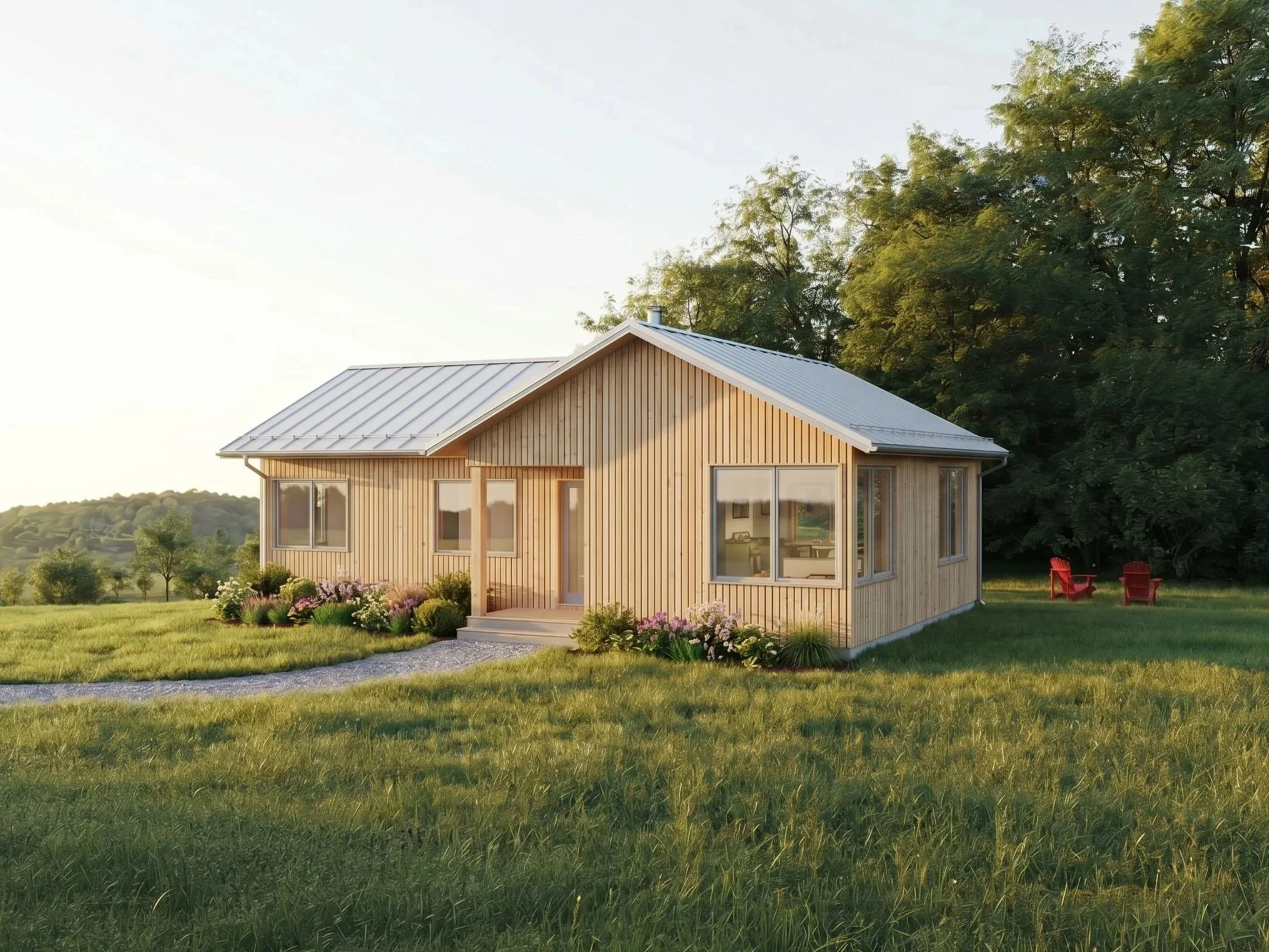 A modern wood house with large windows and a metal roof is situated in a grassy yard with a flower garden, surrounded by trees, under a clear sky in the late afternoon or early evening sunlight.