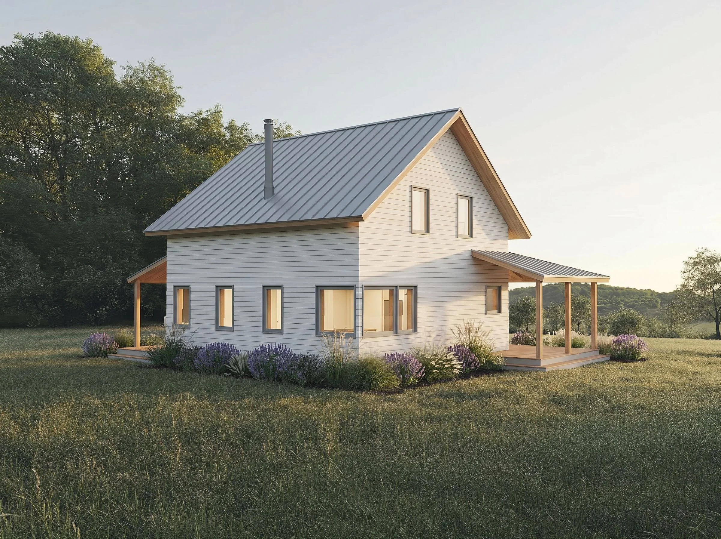 A modern house with a metal gabled roof, white siding, and multiple windows, situated in a grassy yard with purple flowers and trees in the background, during sunset.
