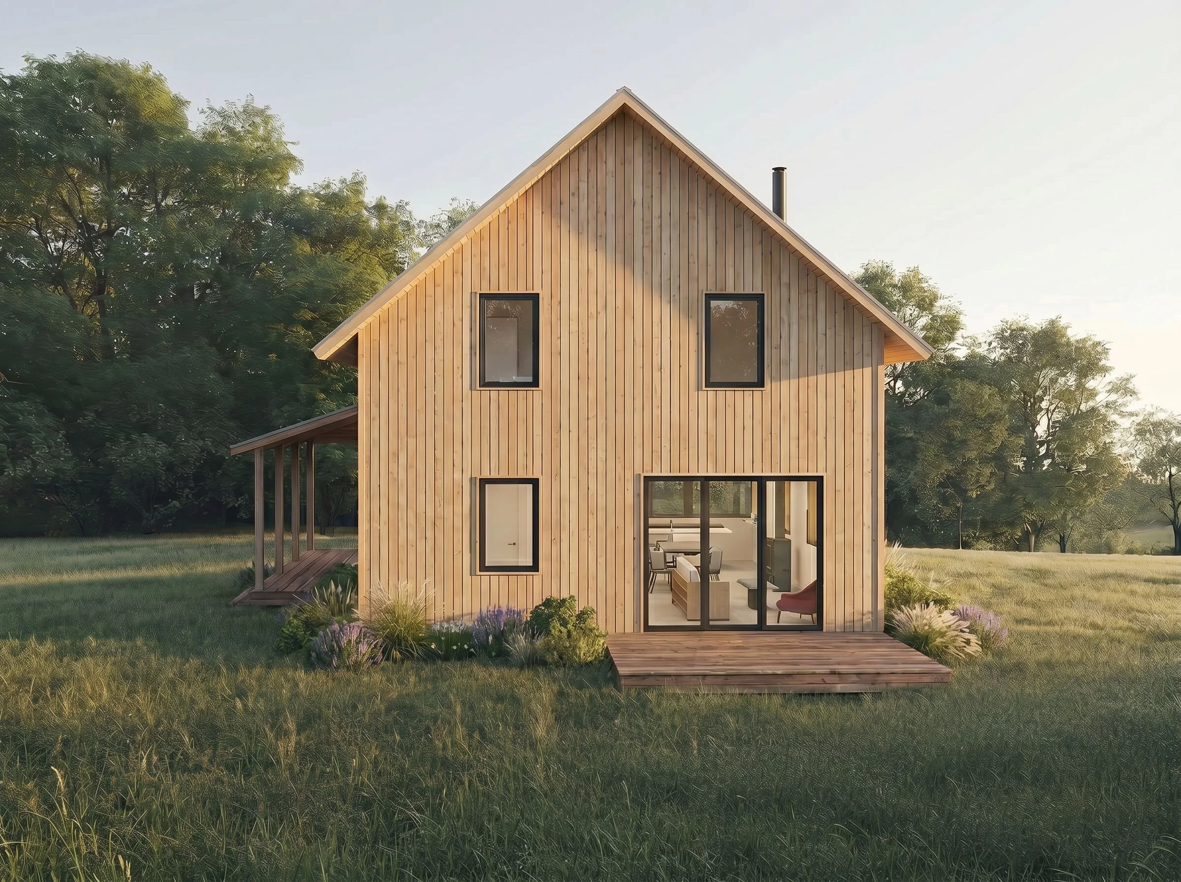 A modern wood house with a steep gabled roof, surrounded by grass, trees, and a wooden deck, viewed in warm sunlight.