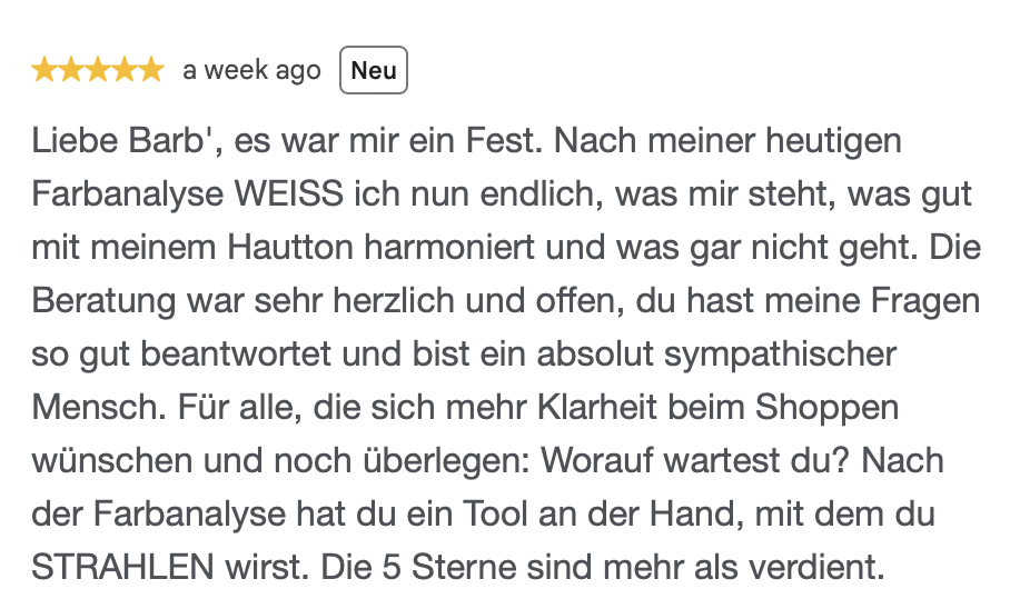 Kundenrezension mit fünf Sternen, positiver Text über Farbberatung, persönliche Beratung, Vertrauen, Zufriedenheit, und Tipps zur Farbwahl durch Barbara von Studio Barb., verfasst auf Deutsch.