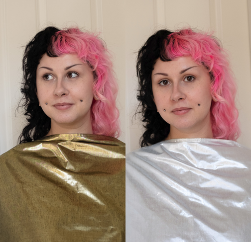 Vergleich eines Frauengesichts mit halb schwarzer und halb rosa Haarfarbe, seitliche Ansicht, die Haare sind traditionell gestylt, über einem Umhang für Haarfärbung.