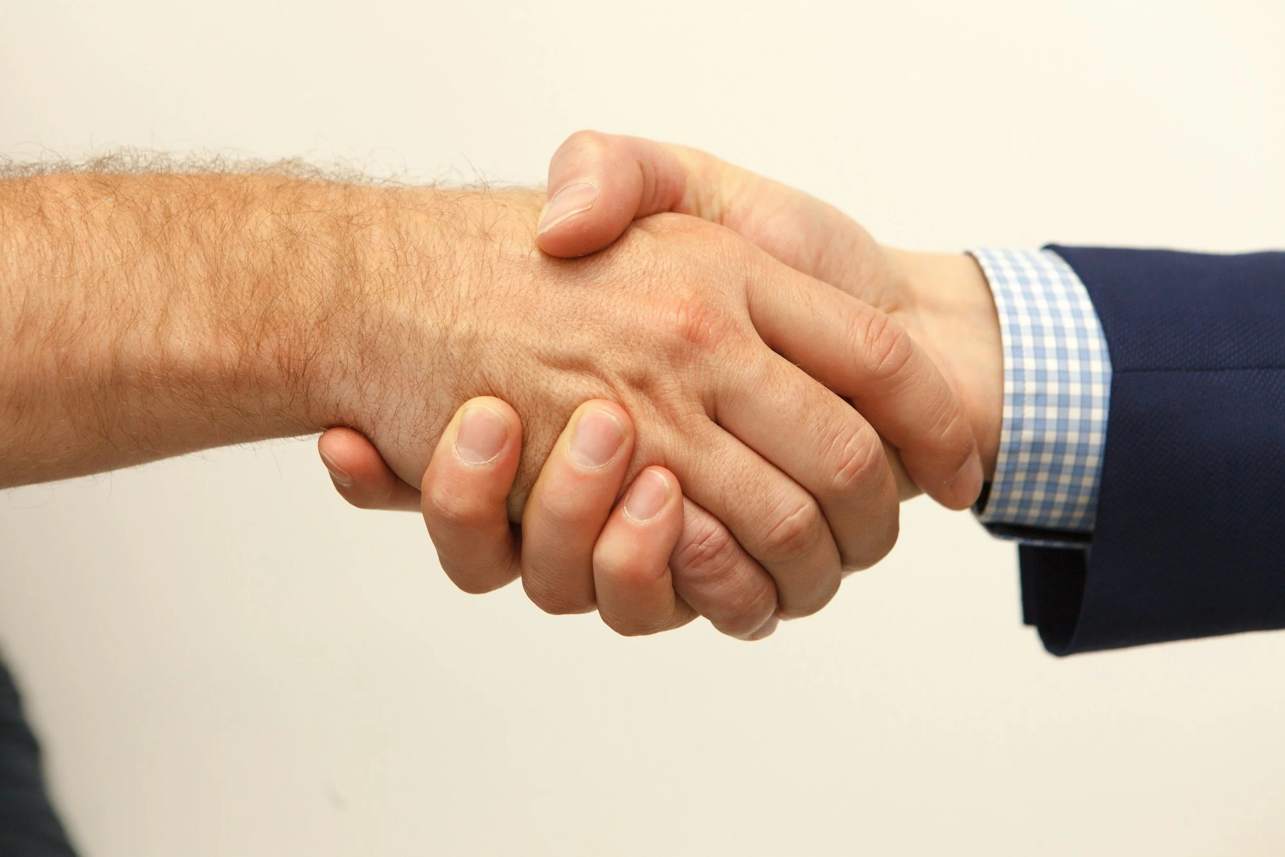 Two men shaking hands against a neutral background, one wearing a dark suit and checkered shirt, the other with a hairy arm.