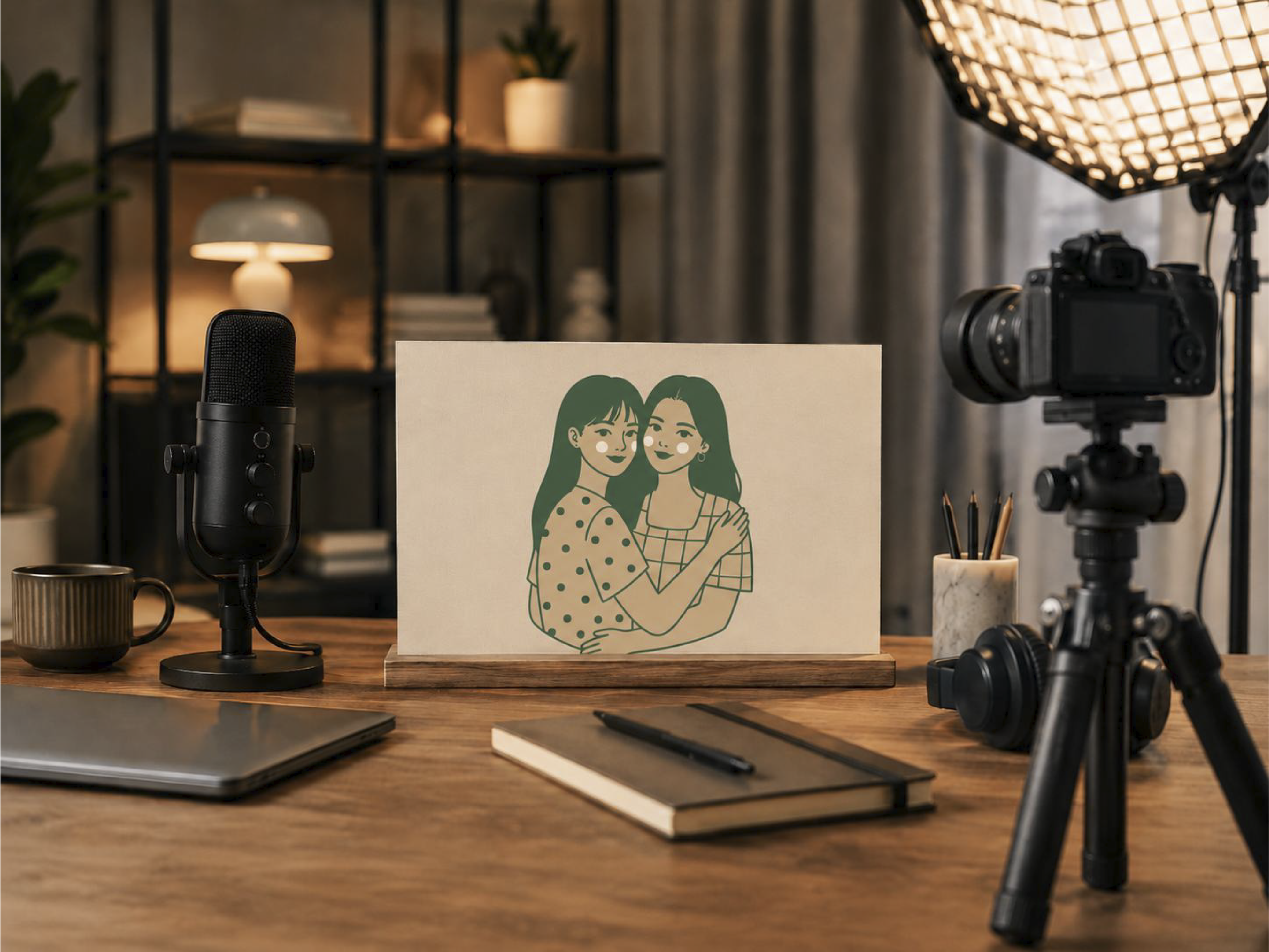 Social media content creation setup with camera, microphone, and notebook for Singapore brand strategy