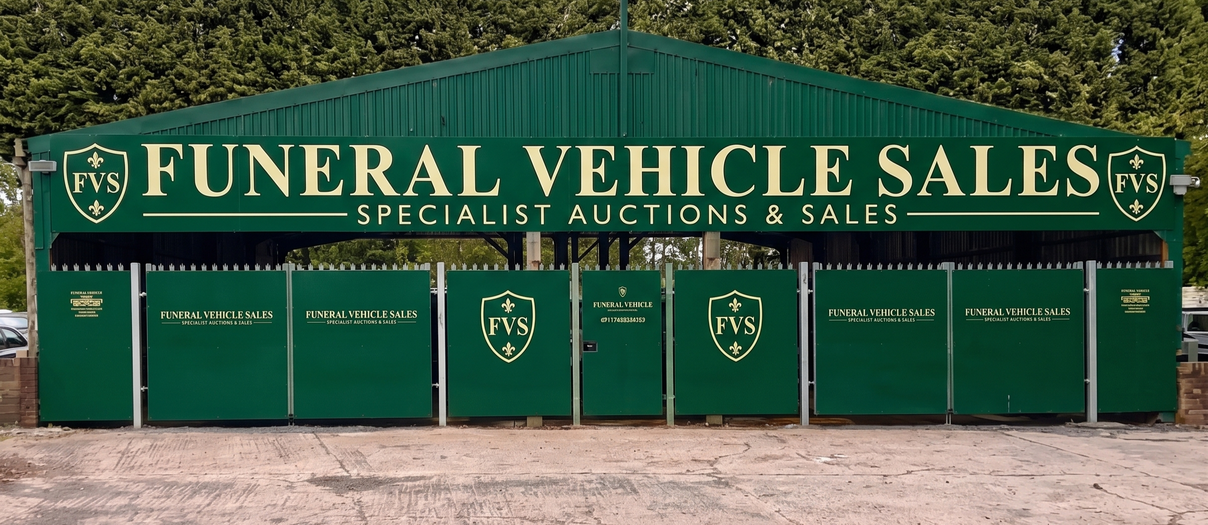 Green sign advertising funeral vehicle sales with additional green fencing below, bearing the FVS logo and contact information, set against a backdrop of trees.