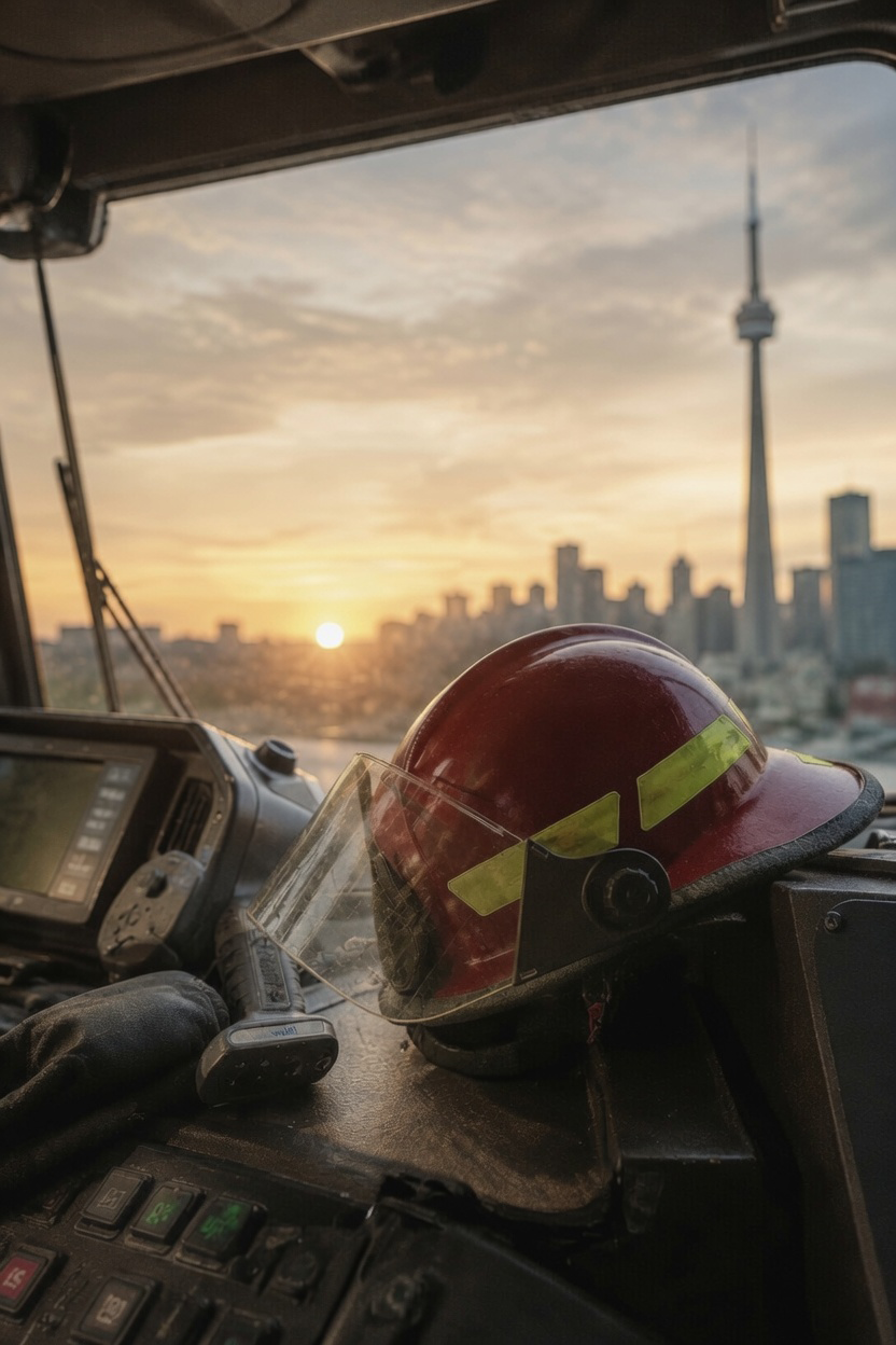 Firefighter helmet on dashboard of fire truck with city skyline and sunset in background.