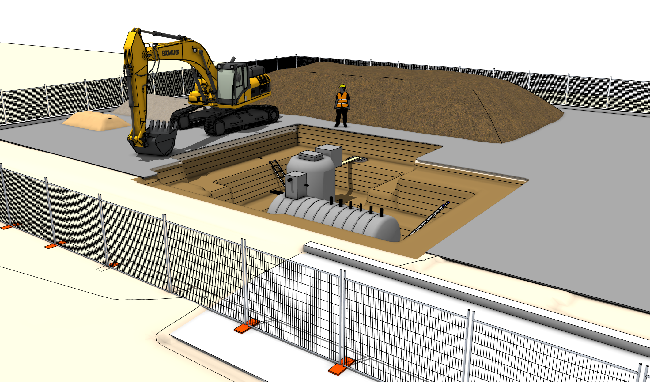 A construction site with a yellow excavator, a worker in a safety vest and helmet, a fenced perimeter, and an underground tank with piping and ladders.