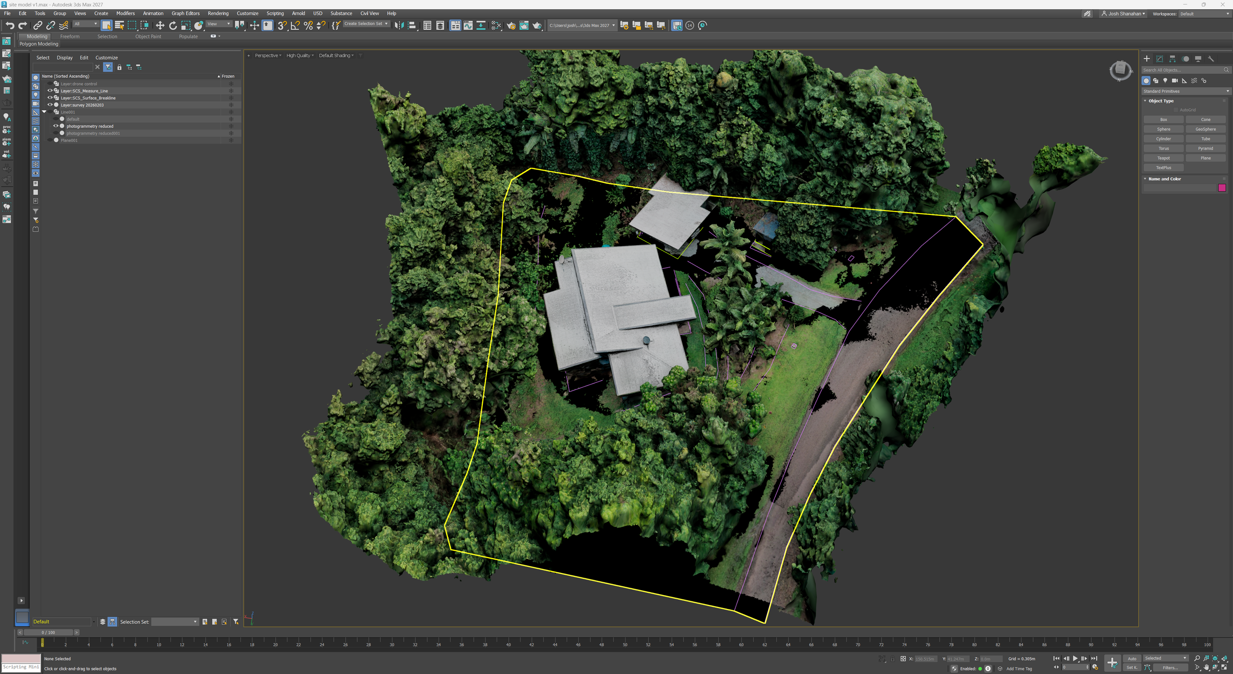 3D model rendering of a residential property surrounded by dense trees, with visible rooftops and a driveway, displayed in a 3D modeling software interface.