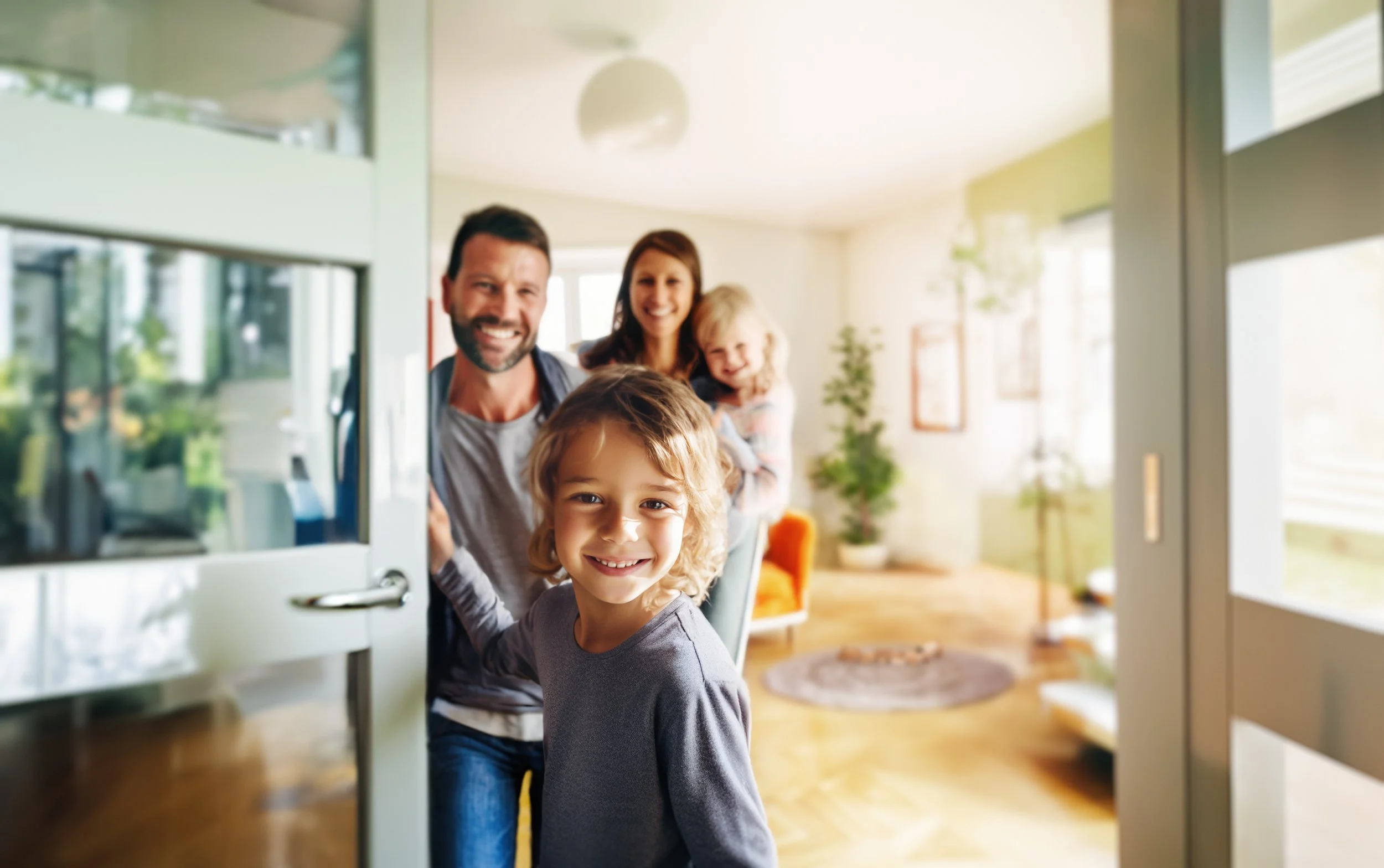 A group of four smiling family members, two children and two adults, standing in a line with heads through a door window, in a bright, modern living room with large windows and indoor plants.