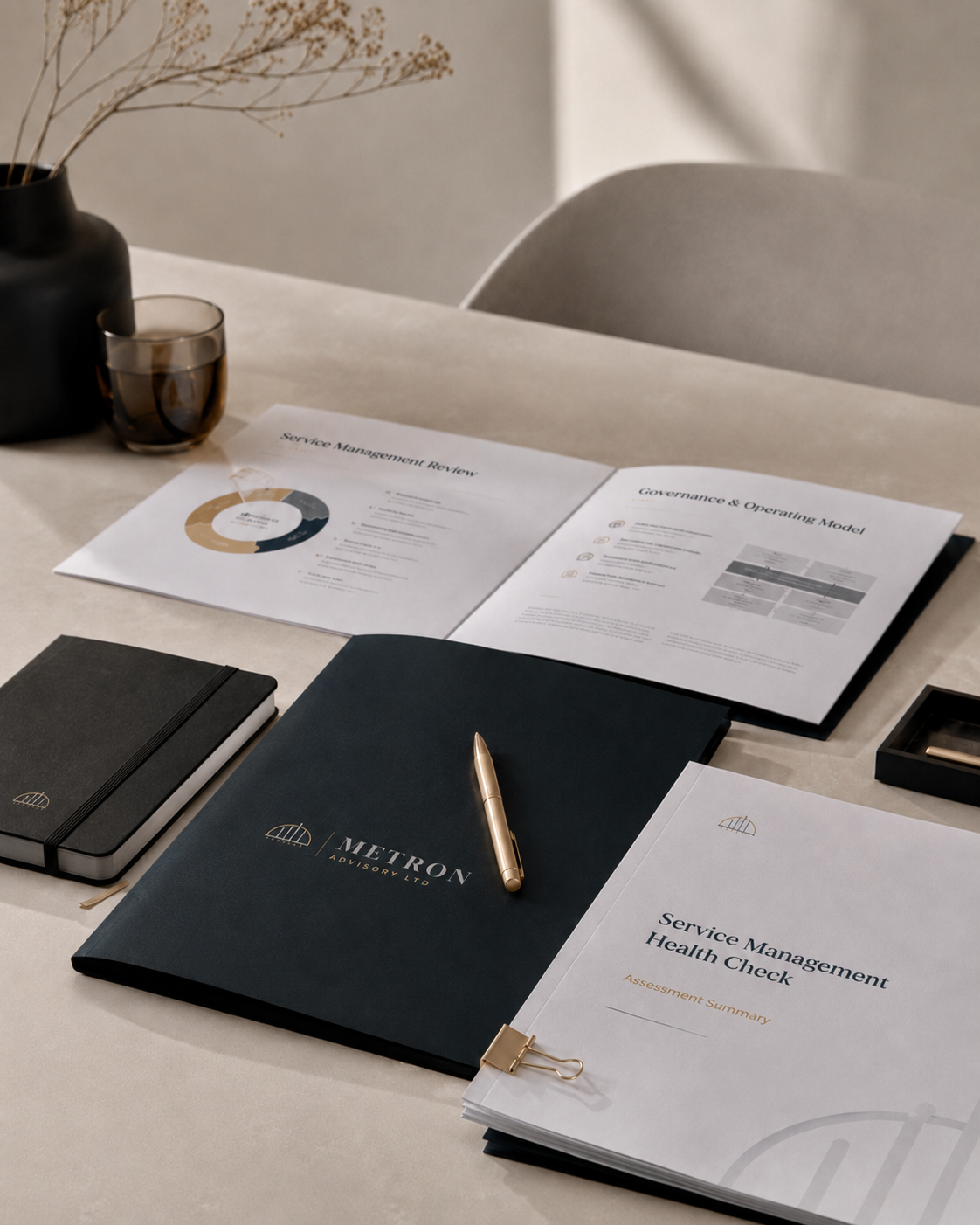 On a desk, there are documents titled "Service Management Review" and "Governance & Operating Model," a closed notebook, a black binder, a gold pen, a glass of water, and a black vase with dried branches.