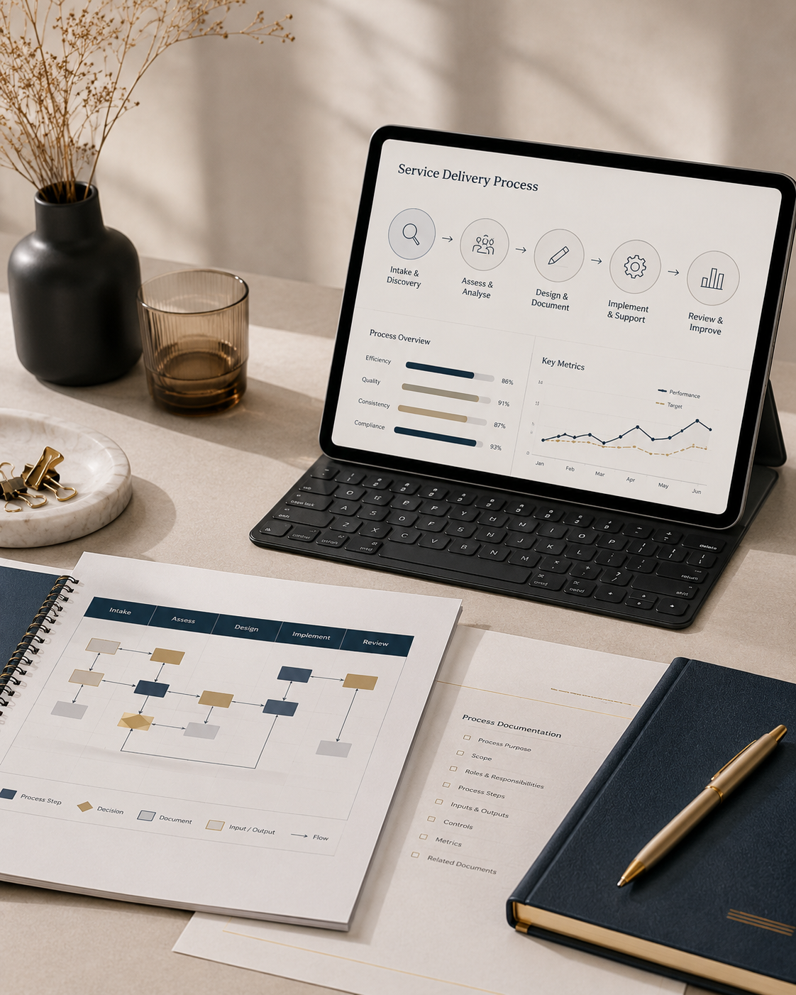 A workspace with a tablet displaying a service delivery process chart, a printed flowchart, a notebook, a pen, a vase with dried flowers, a glass, and some paper clips on a beige desk.