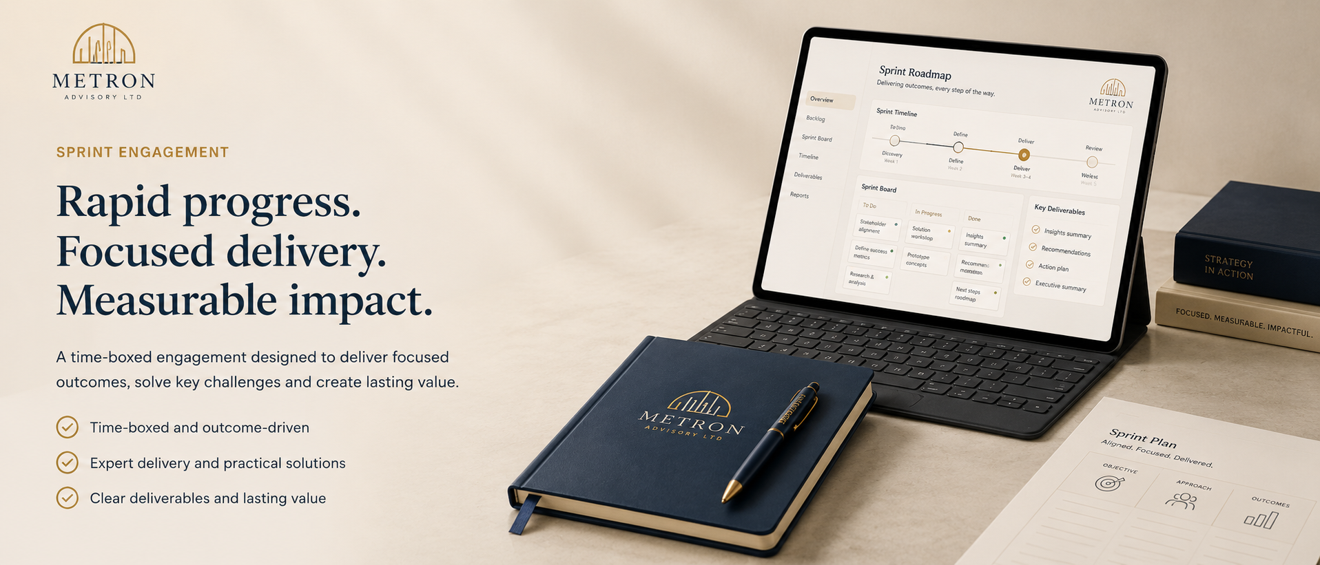 A promotional image for Metron Advisory Ltd. showcasing a digital tablet displaying a sprint roadmap and board, a navy blue notebook with a gold logo and pen, and several books including one titled 'Strategy in Action' and another 'Focused. Measurable. Impactful.' on a beige surface.
