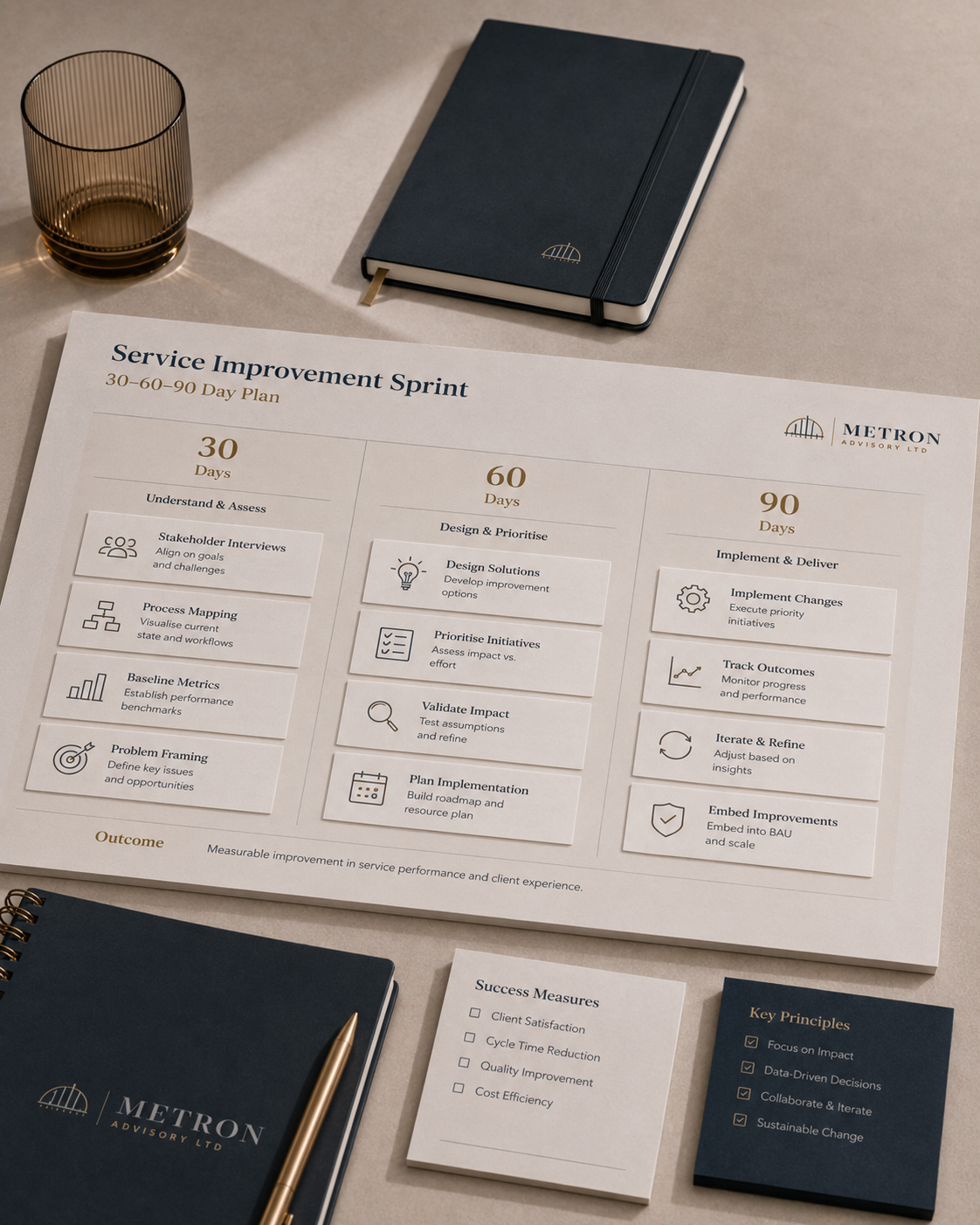 A service improvement sprint plan calendar with three phases of 30, 60, and 90 days, along with notebooks, a pen, and notes on success measures and key principles on a desk.