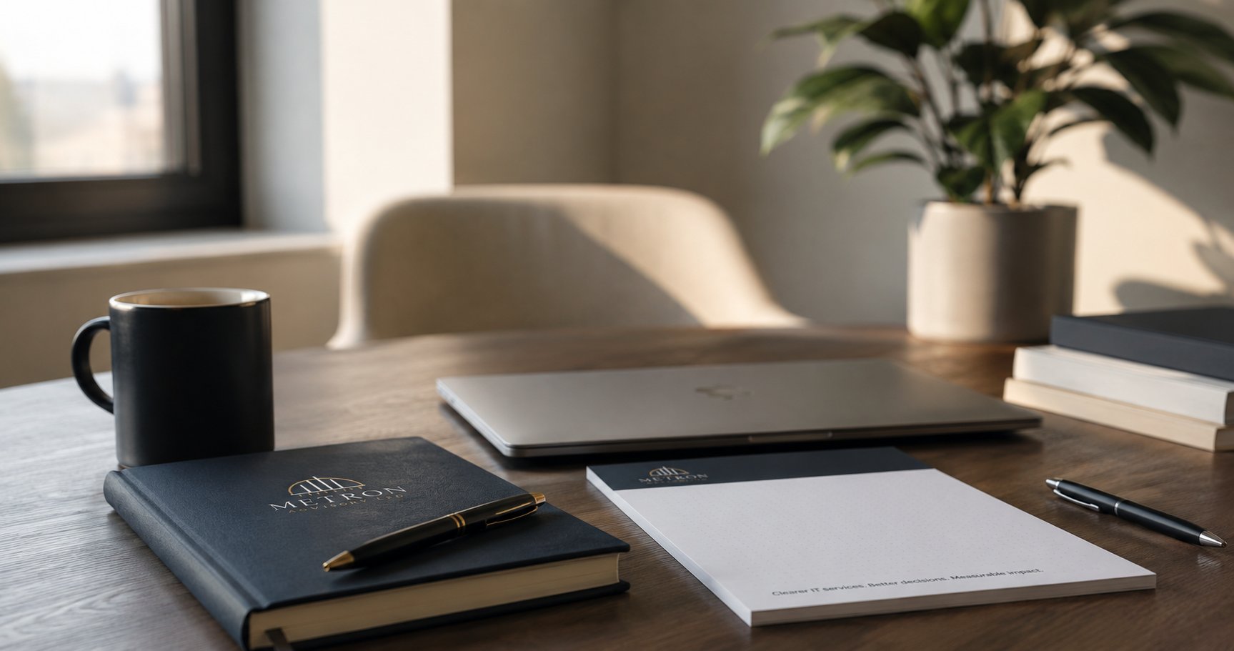 A wooden desk with a black coffee mug, a closed silver laptop, a navy notebook with a pen on top, a clipboard with a pen, and a small stack of books, with a potted plant and a window in the background.