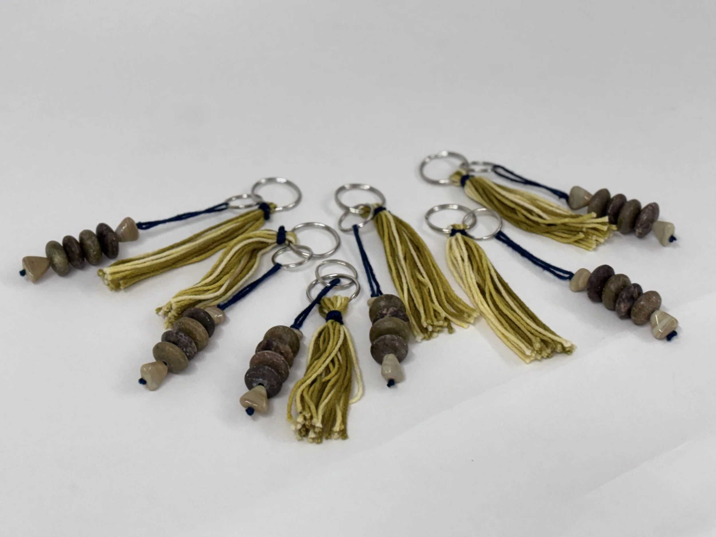 Alexis Fredericks, WORKING CLOTH., keychains for six handcrafted textile bags displayed as an installation, exploring the relationship between institutional affiliation, artistic labor, and professional recognition.
