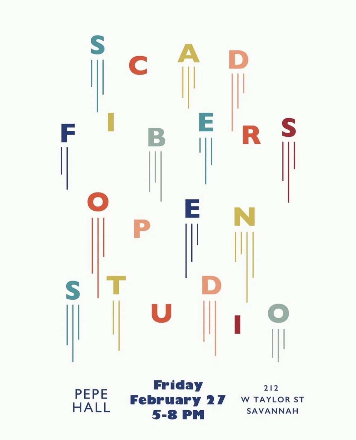 Promotional poster for the 2026 SCAD Fibers Open Studio, where visitors were invited to tour graduate studios and engage with artists' research and creative practices.