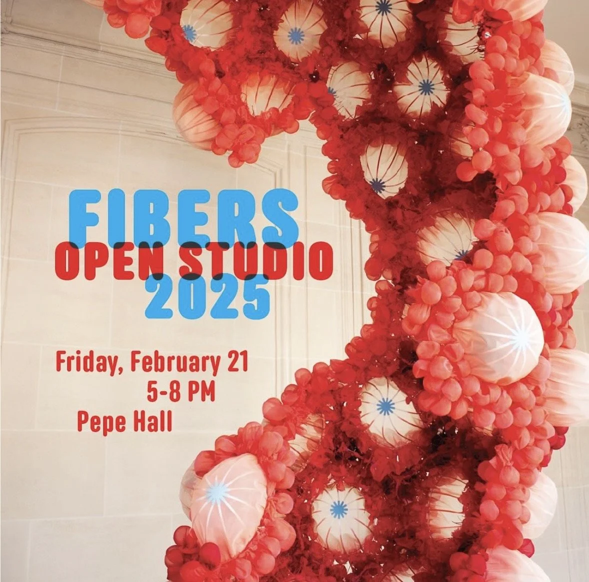 Promotional poster for the 2025 SCAD Fibers Open Studio, showcasing graduate student studios and works in progress at the Savannah College of Art and Design.