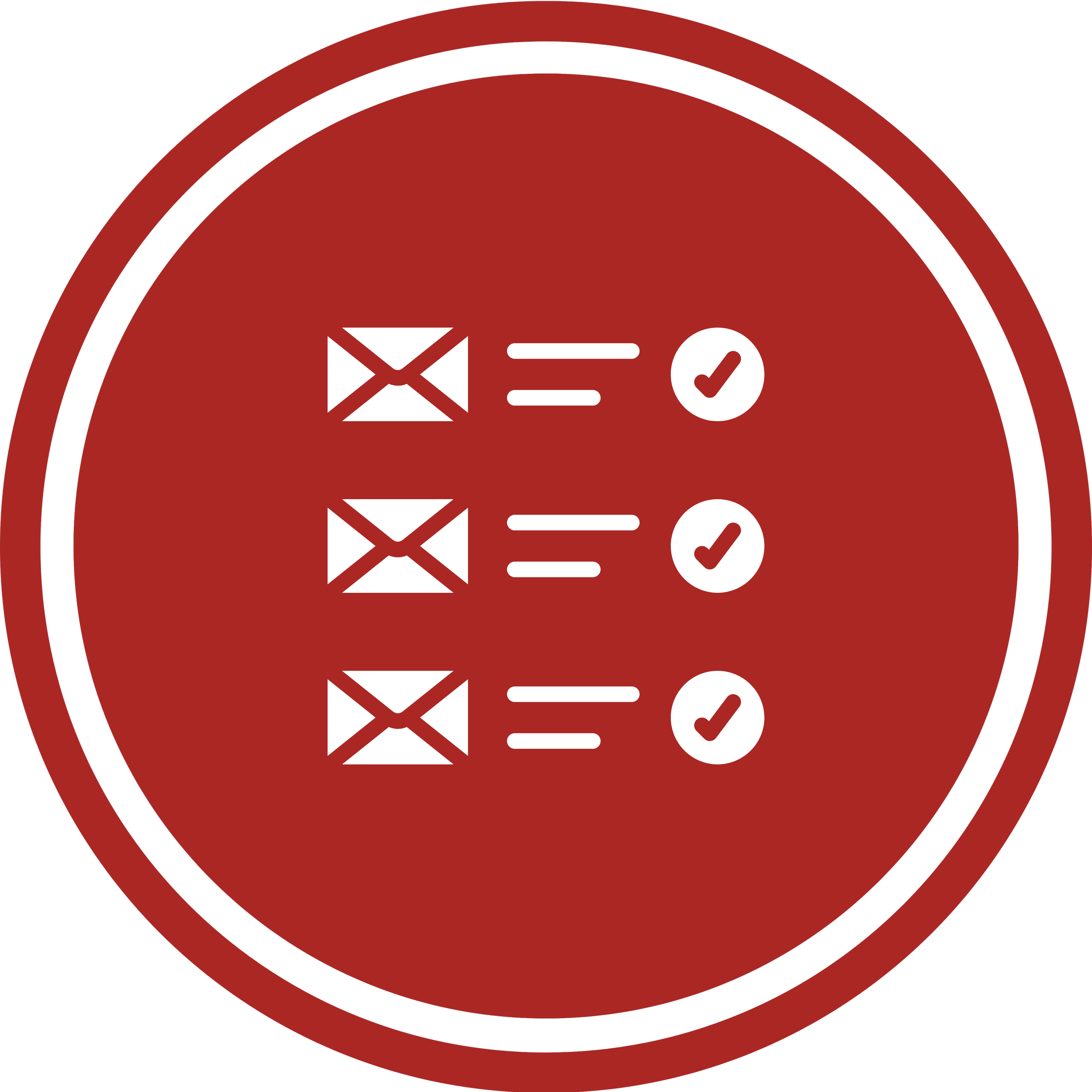 Red circular button with email and checkmark icons on black background