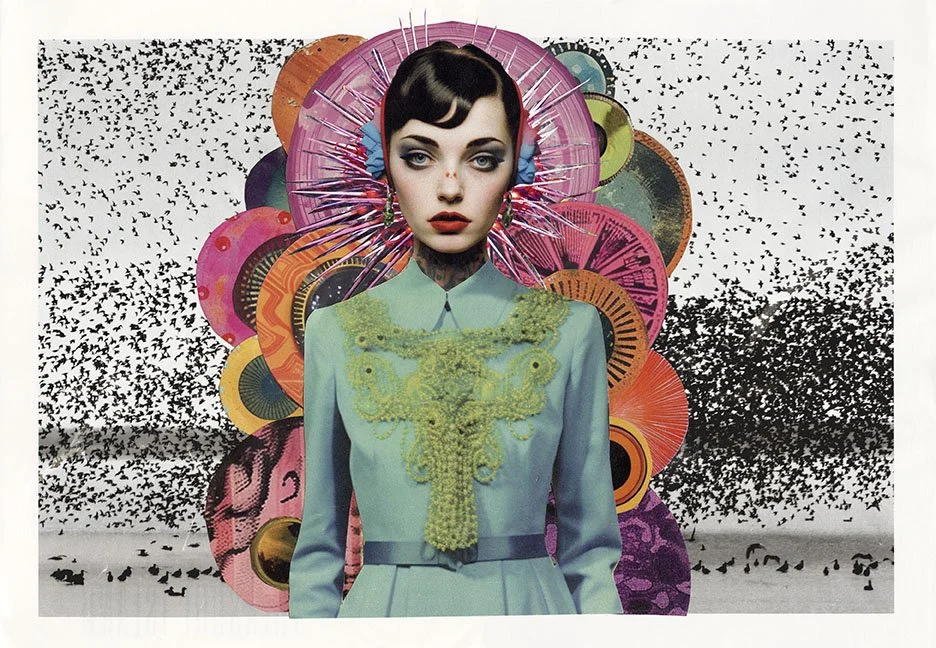 Divine Download depicts a woman encircled by radiant symbolic forms, expressing intuition, creative awakening and the divine feminine.
