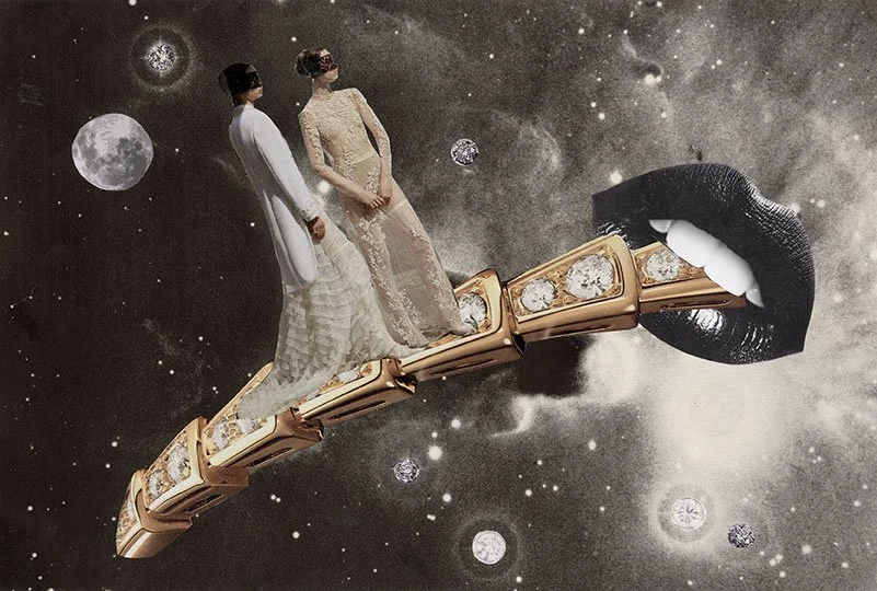 Two women in elegant dresses walk on a chain of jewelry rings that leads to a large black lip with white teeth, set against a cosmic background with planets and stars.