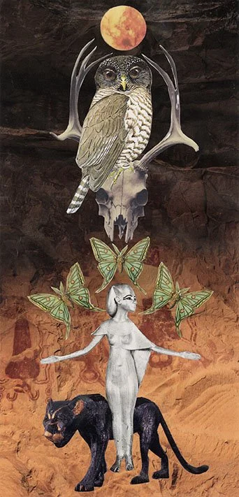 Surreal artwork featuring an owl perched on a deer skull with antlers and a red moon above, with multiple green butterflies, a humanoid figure with a dog head, and a black panther beneath.