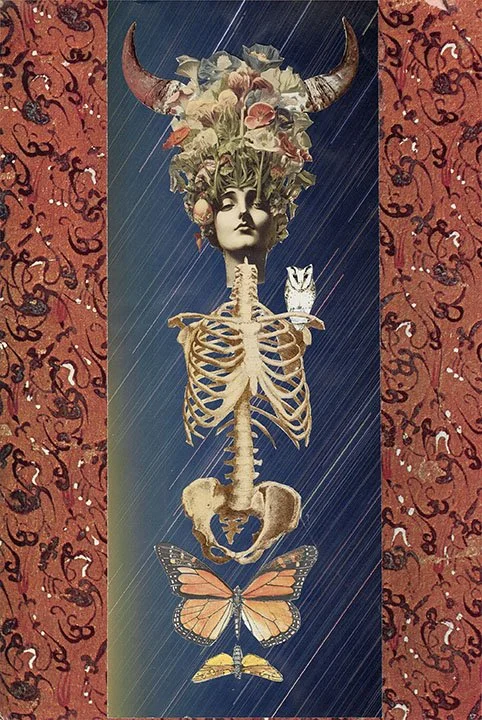 A surreal artwork features a human skeleton with a female face and floral arrangement as a headdress, with horn-like protrusions. The skeleton has a small white cat on its shoulder. A butterfly and a moth are near the pelvis, set against a dark blue background with diagonal rainfall, framed by red-patterned borders.