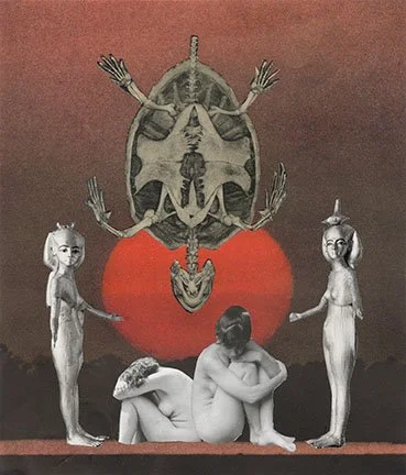 A surreal collage featuring two children sitting on the ground, embracing each other, with two women standing on either side. Behind them is a red sun, and above all is a large, elaborate skull with various animal skulls and hands extending from it, 