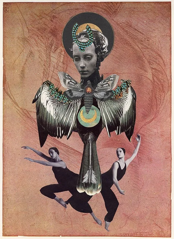 A surreal collage featuring a woman with a dark statue-like face, adorned with a large black halo. Her neck is transformed into a giant butterfly with detailed wings, and a moth with turquoise accents is perched on her head. Two ballet dancers are po