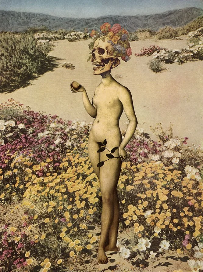 A surreal collage of a woman with a human body and a skull for a head, wearing a crown of colorful flowers, standing in a desert landscape with bushes and yellow flowers.