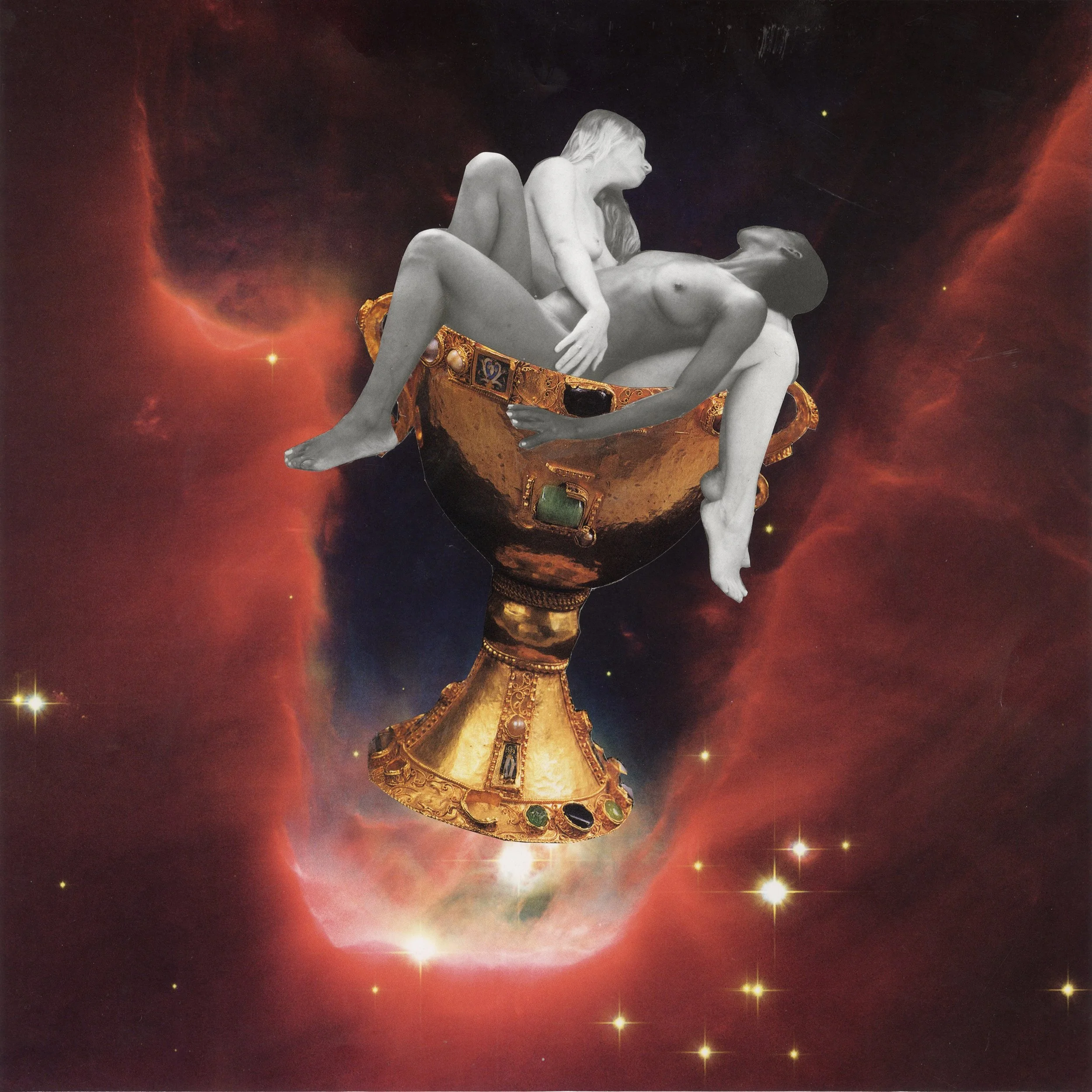 Black and white sculpture of a woman reclining inside a decorative, ornate boat floating in outer space with stars and nebulae in the background.