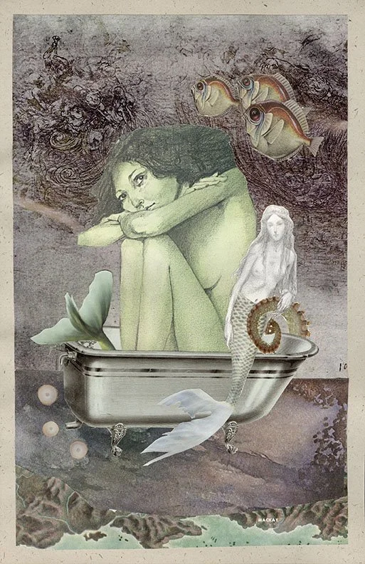 A surreal collage featuring a woman with dark hair, resting her head on her arms. Surrounding her are fish swimming in the background, a mermaid with a tail emerging from a bathtub, and various abstract elements like seashells and scales. The scene c