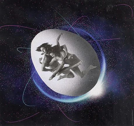 A black and white photo of two women, jumping in space as if on a small planet or moon, surrounded by colorful lines and stars, with a cosmic background.
