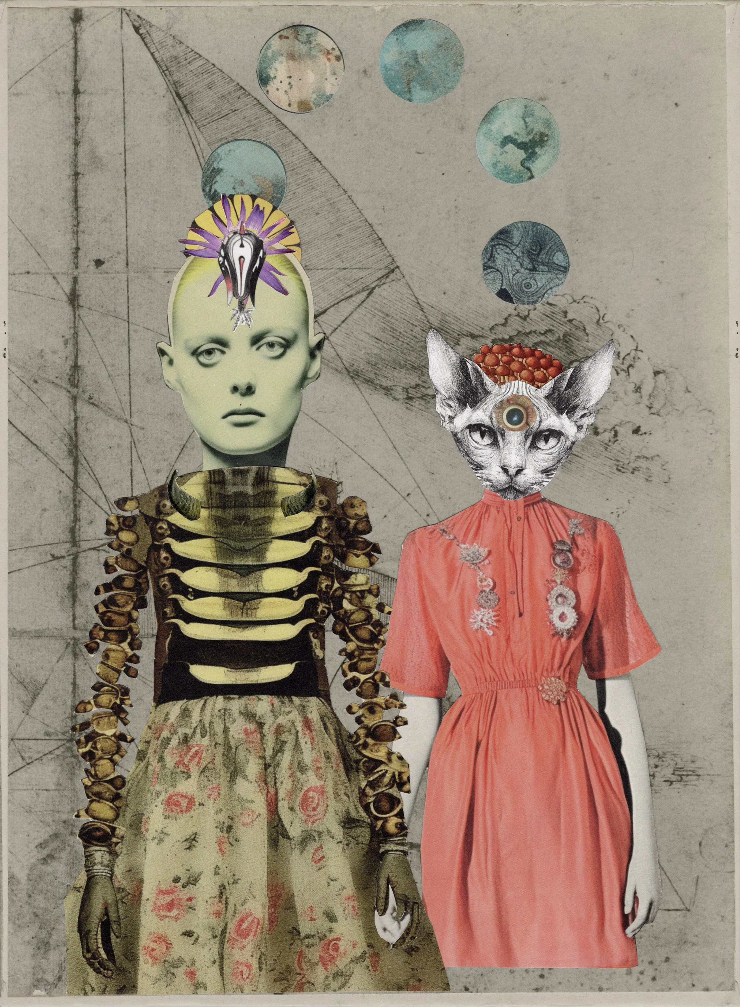 Digital collage featuring two human figures with animal and abstract elements. The left figure has a human face with a zebra skull and purple flower headpiece, wearing a patterned dress and necklace. The right figure has a cat face with a third eye a