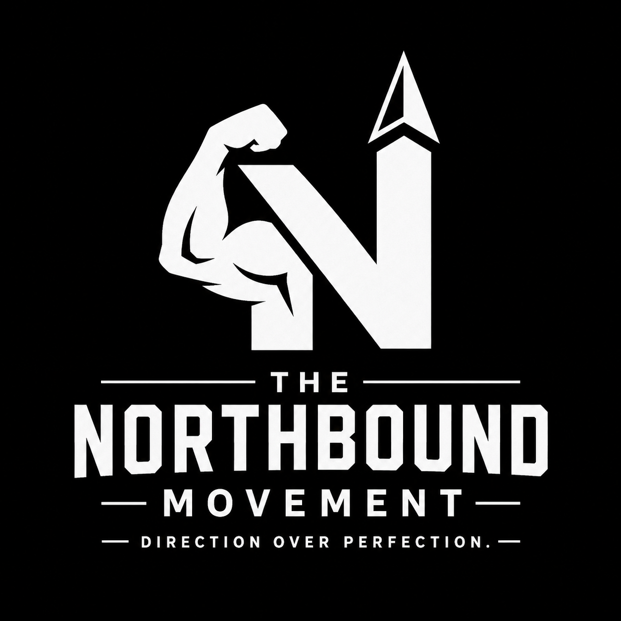 A logo with a stylized letter N with an arrow pointing upward integrated into the design. A muscular arm flexing is on the left side of the letter. The text reads "The Northbound Movement" with a tagline "Direction Over Perfection" beneath.