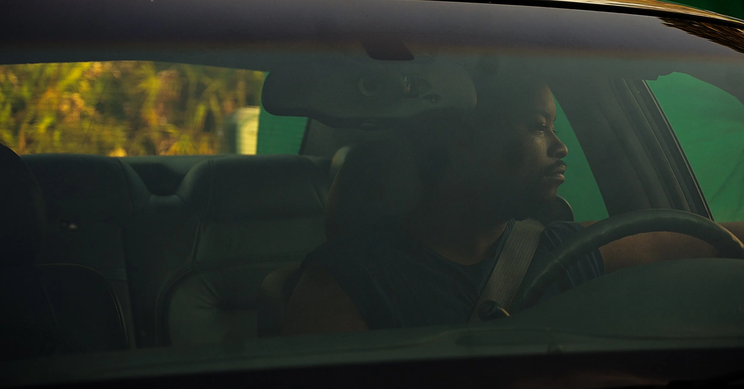 Man driving a car, viewed from the back seat, with trees visible outside the windows.