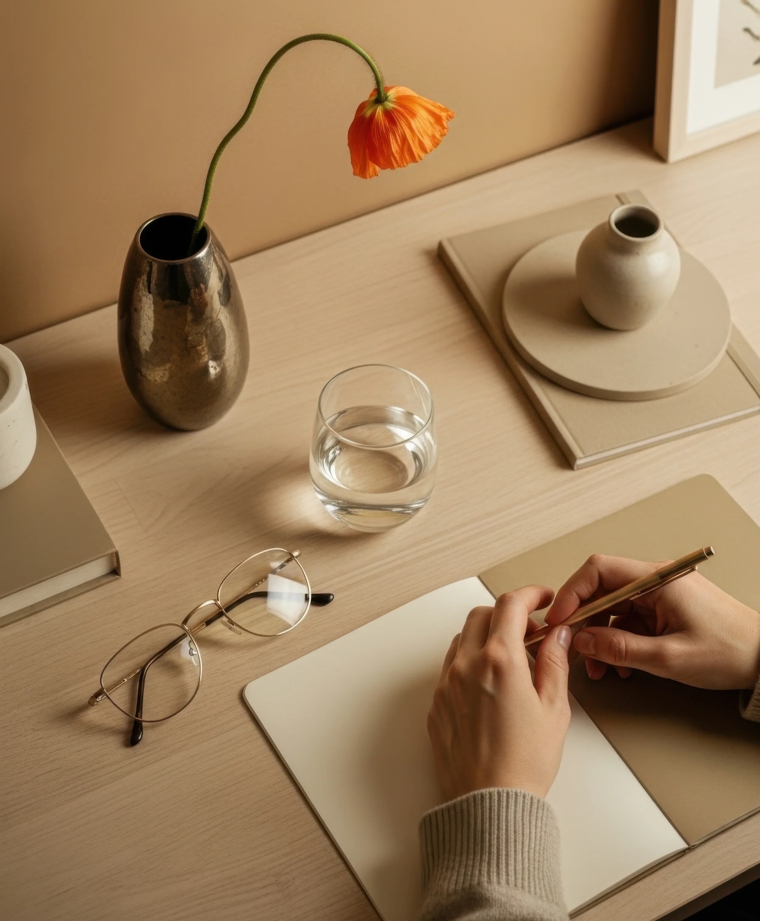 A person's hands holding a pen and writing on a blank piece of paper on a light wooden desk. Items on the desk include a pair of sunglasses, a glass of water, a small decorative vase with an orange poppy flower, an empty small vase on a round wooden tray, and a framed picture or artwork in the background.
