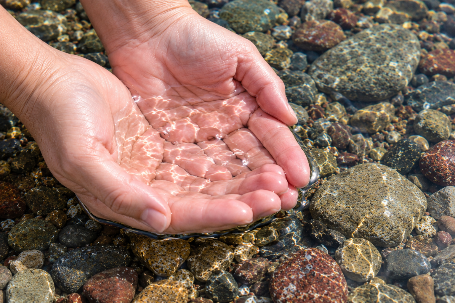 Hands holding clear Montana spring water over natural river stones.