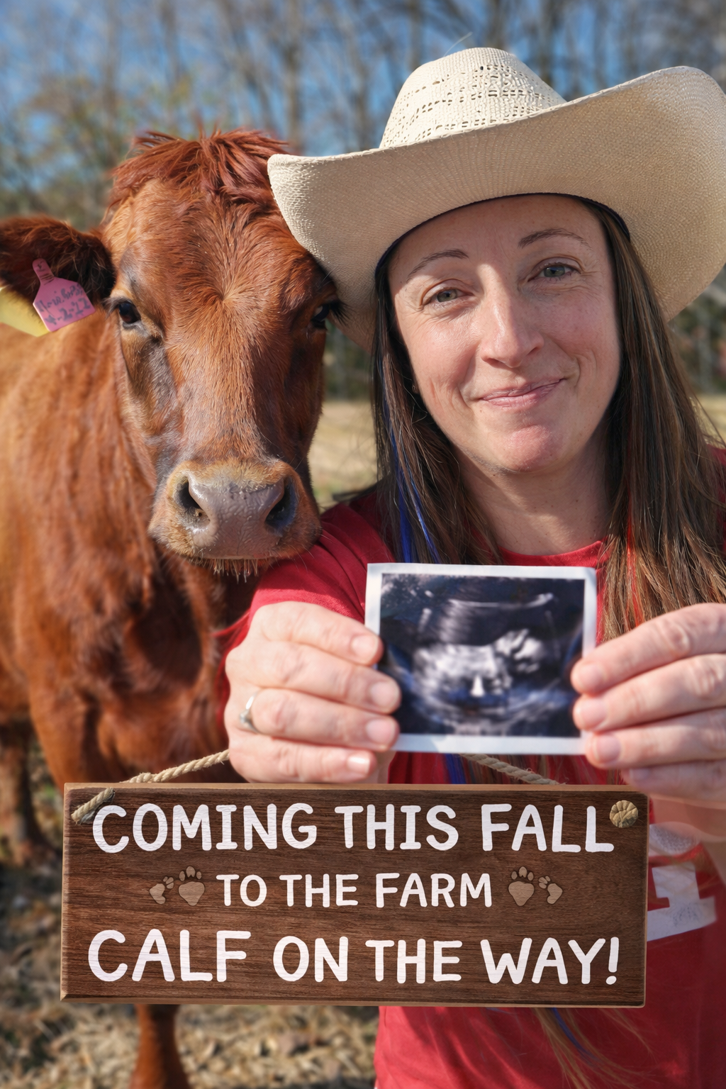 Woman in a cowboy hat holding ultrasound picture with a brown calf and a wooden sign that says "Coming this fall to the farm calf on the way!" outdoors with trees in the background.
