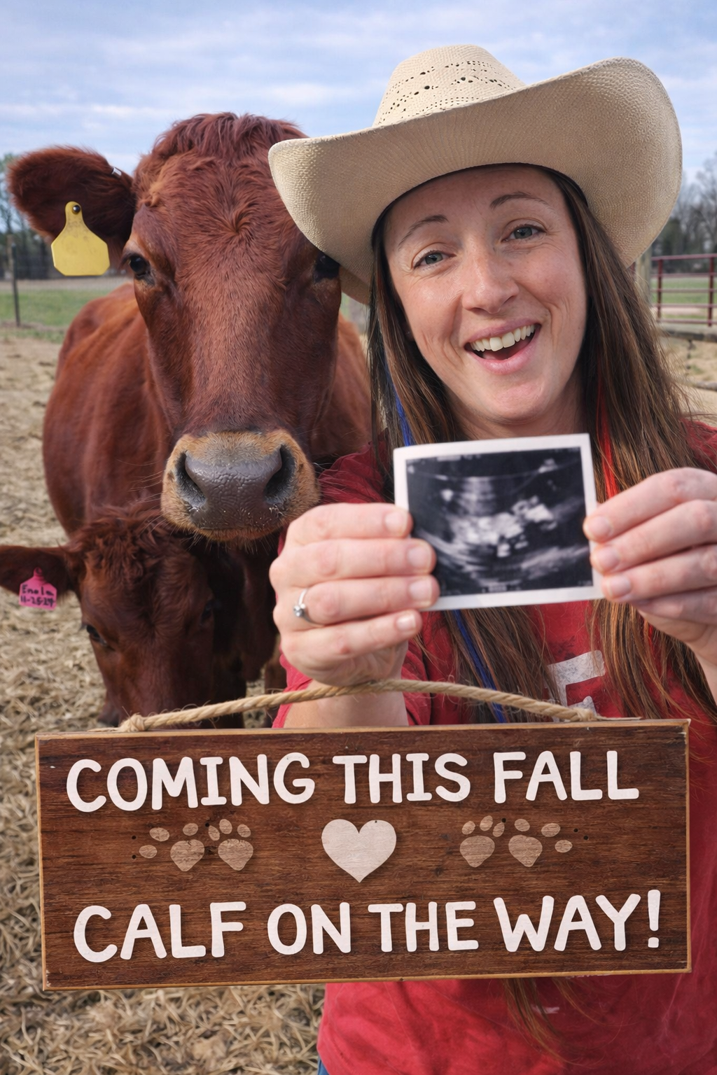 A woman in a cowboy hat holding an ultrasound picture with a calf and a small calf behind her, while a sign reads 'Coming this fall, calfl on the way!' with some paw prints and a heart graphic.