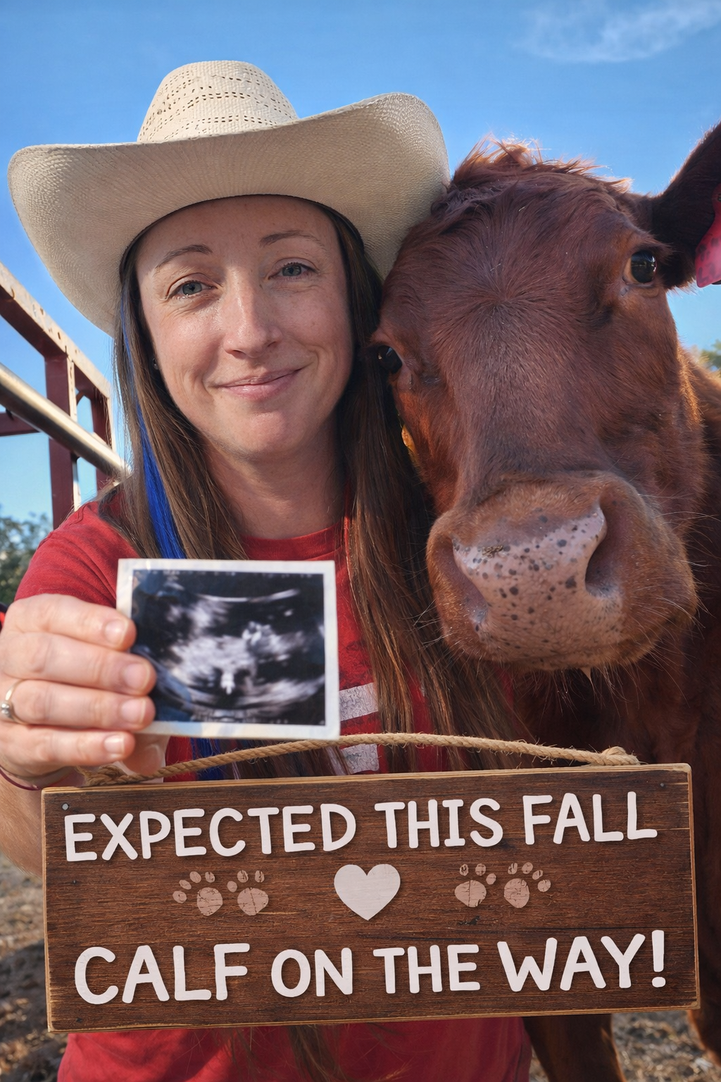 A woman wearing a cowboy hat holding an ultrasound picture next to a calf, with a sign that says "Expected this fall, calf on the way!"