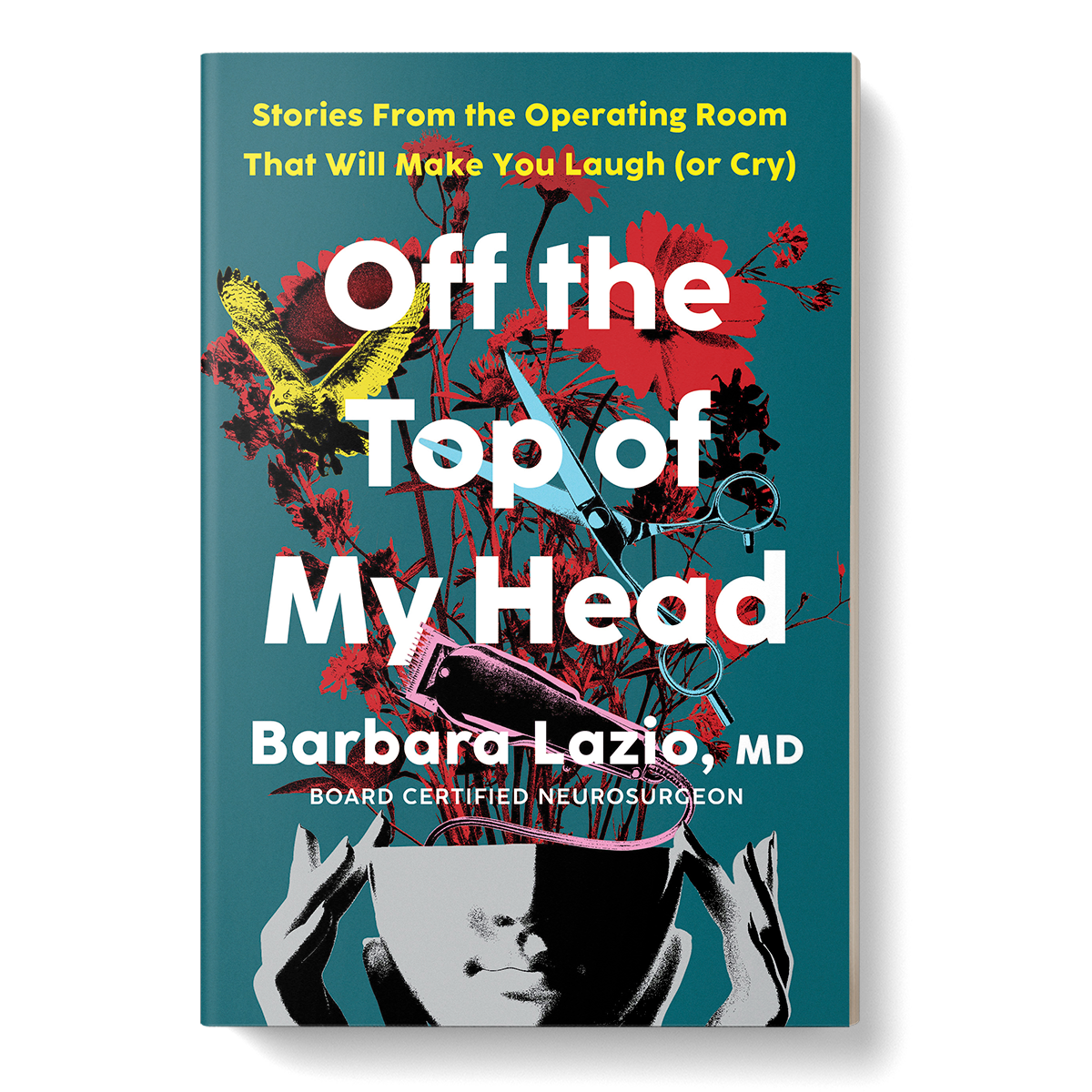 Book cover titled 'Off the Top of My Head' with a background of red flowers, a yellow butterfly, and a pair of scissors. A black-and-white image of a child's head is at the bottom, with hands holding their head.