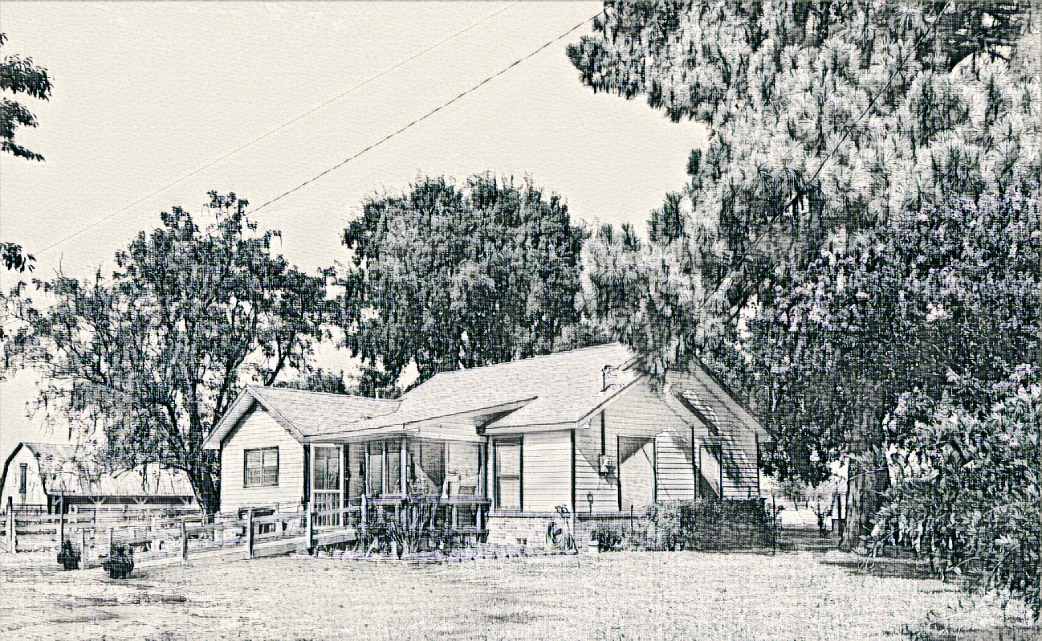 Black and white image of a residential backyard with a house, trees, and a wooden fence.