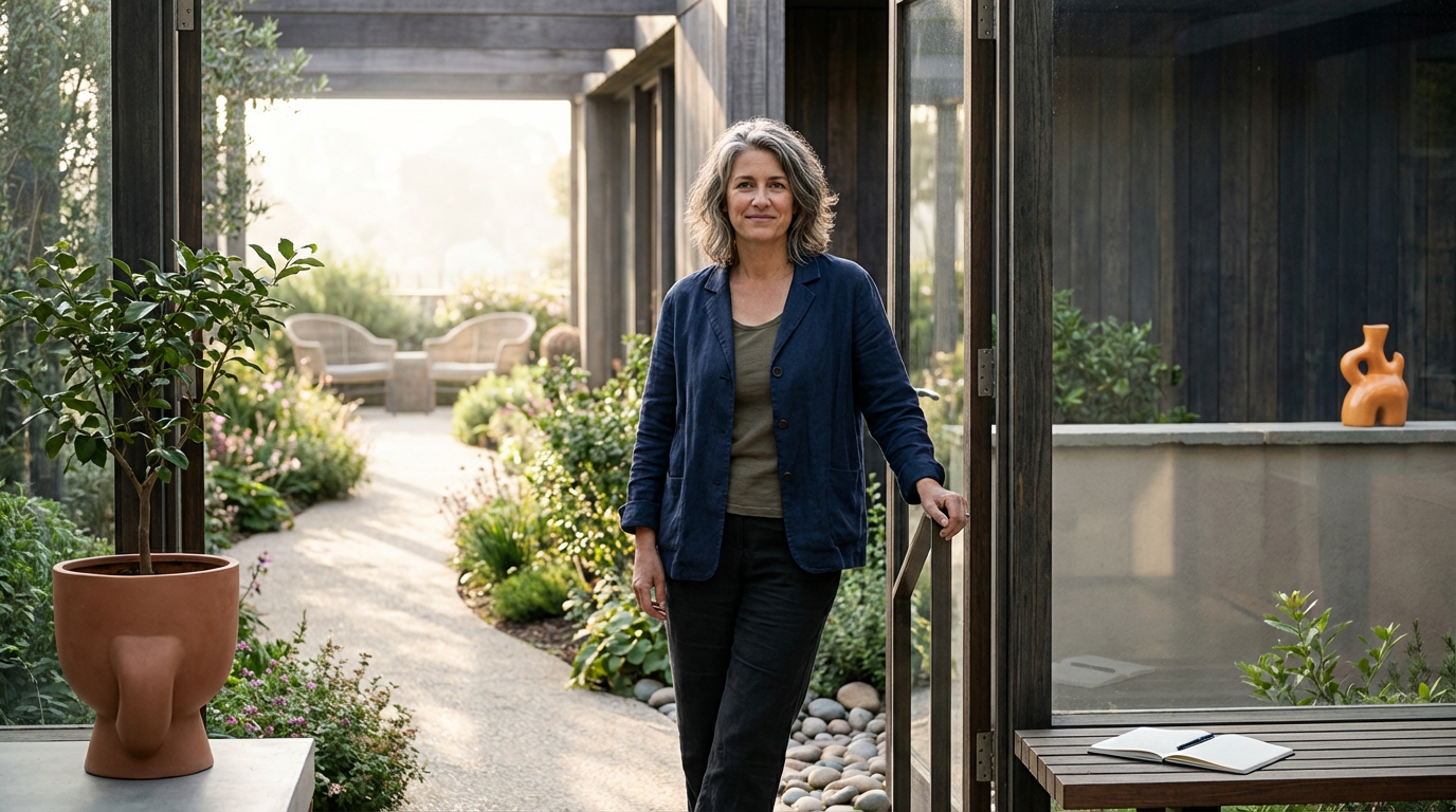 A woman with shoulder-length gray hair, wearing a navy blazer and black pants, stands at the door of a glass-walled outdoor space, smiling.