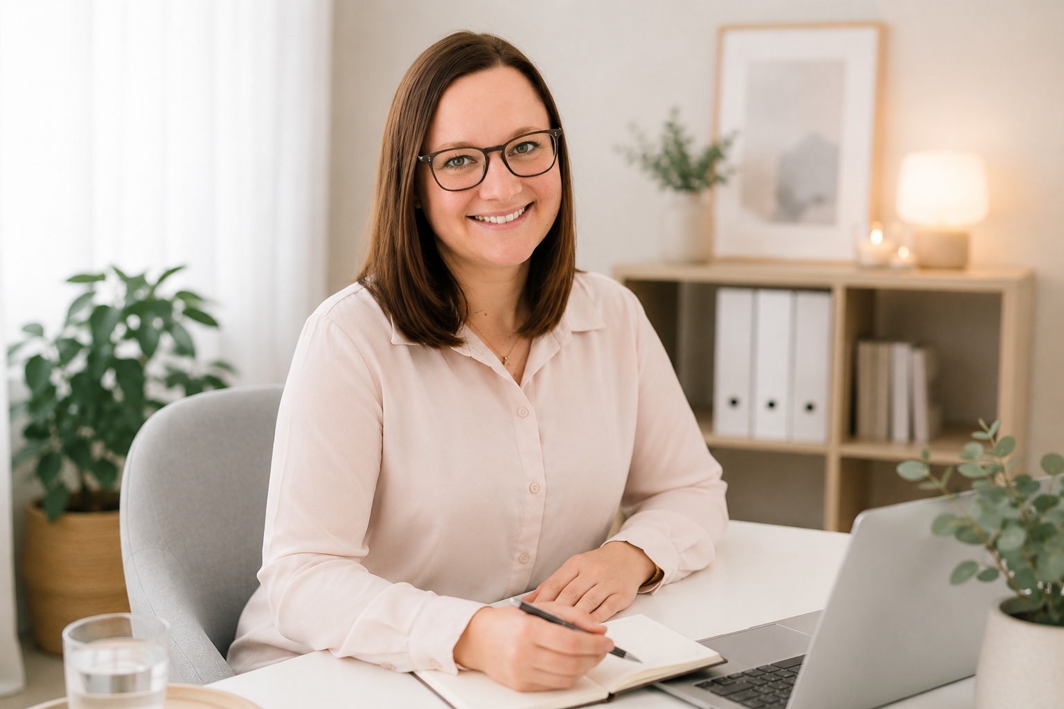 Eine Frau mit Brille sitzt an einem Schreibtisch, lächelt und schreibt in ein Notizbuch, vor einem Laptop, im Hintergrund ein Bücherregal und eine Lampe.
