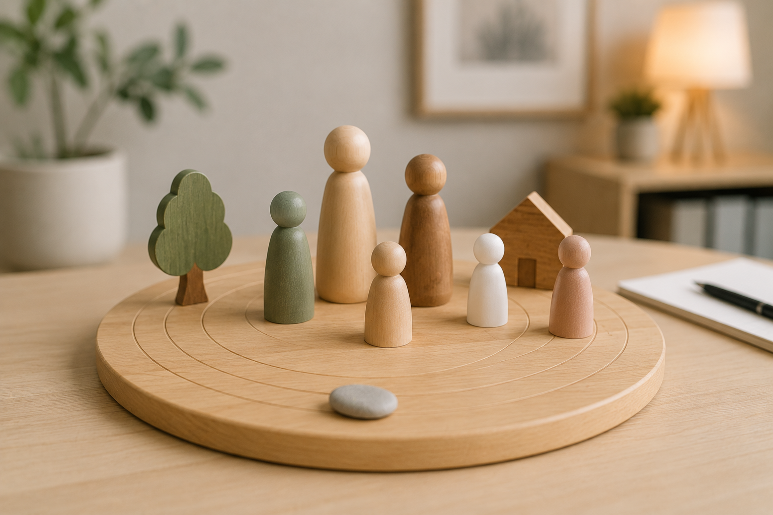 Holzspielzeug-Figurengruppe auf runden Holzbrett mit Baum, Haus und Stein, Kugelfiguren in Natur-, Weiß-, Grün- und Brauntönen, auf einem Holztisch in einem gemütlichen Raum