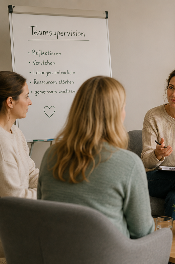 Drei Frauen sitzen in einem Besprechungsraum und diskutieren. Im Hintergrund steht ein Whiteboard mit dem Titel 'Teamsupervision' und einer Liste: Reflektieren, Verstehen, Lösungen entwickeln, Ressourcen stärken, gemeinsam wachsen.