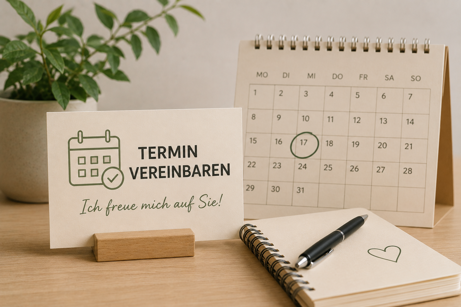 Ein Terminplaner auf einem Tisch mit einem Kalender, einem Notizbuch, einem Stift und einem Schild mit der Aufschrift "Termin Vereinbaren. Ich freue mich auf Sie!"