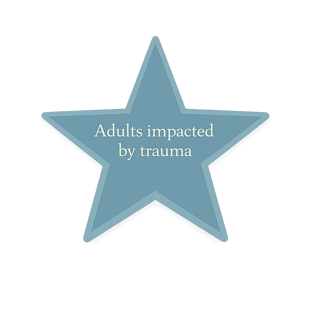 A light blue star-shaped badge with the text "Adults impacted by trauma" written in the center.