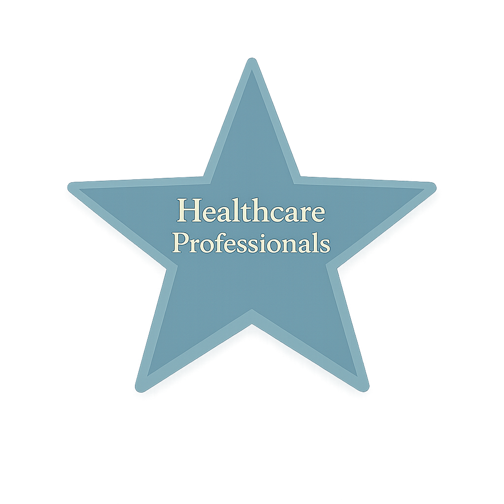 Blue star-shaped badge with the text "Healthcare Professionals" in the center.