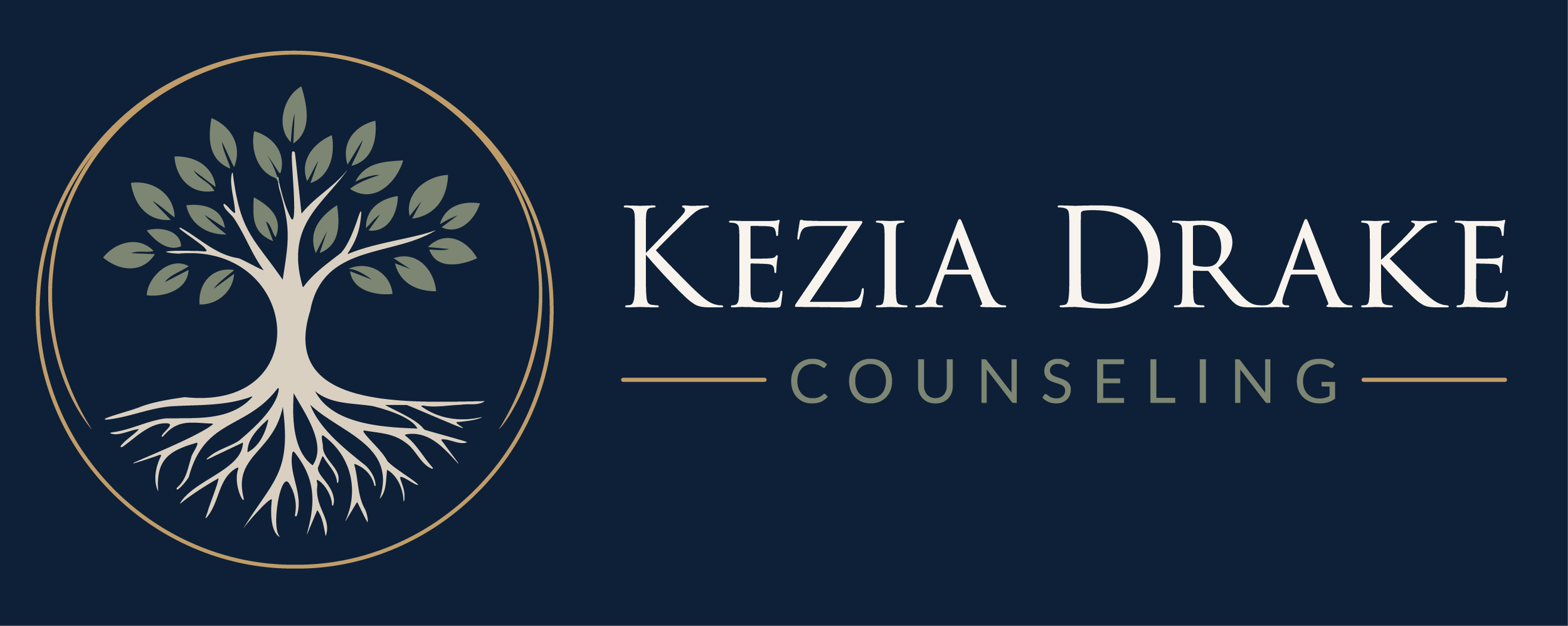 Logo for Kezia Drake Counseling featuring a tree with green leaves and roots, with the text 'Kezia Drake Counseling' to the right.